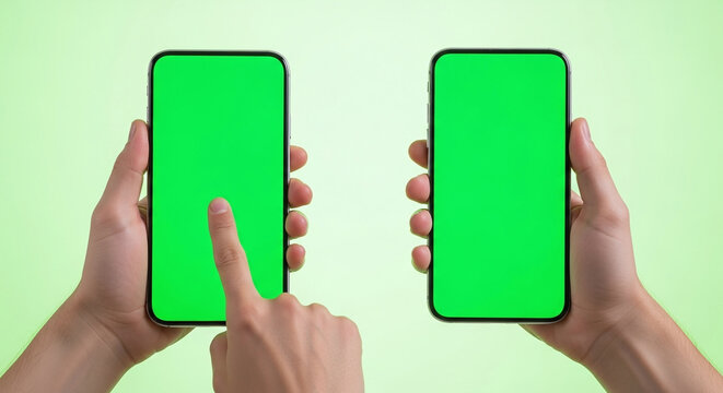 Two hands holding smartphones with green screen technology for app promotion display