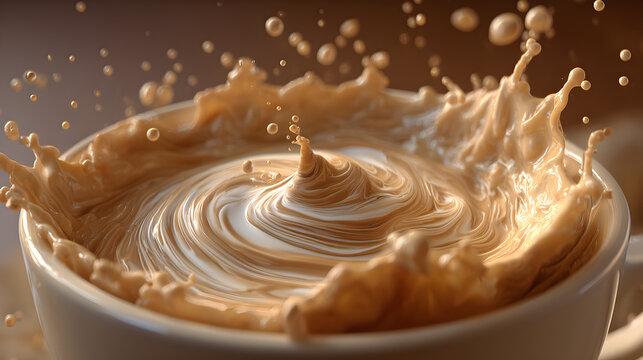 Creamy coffee splash with milk swirling in cup representing National Milk Day celebration and morning energy in USA
