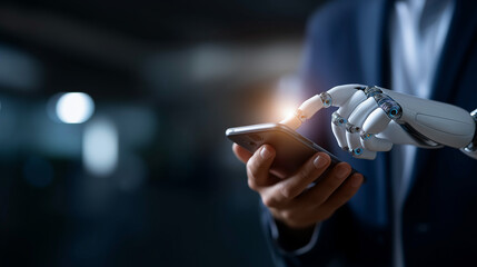 Faceless businessmen using AI agents on smartphone defocused digital automation background data processing interface smart technology solutions business intelligence automation