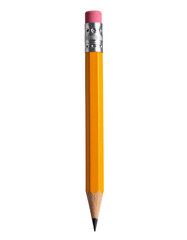 Brand new, unsharpened yellow pencil with a pink eraser, school supply, transparent background.