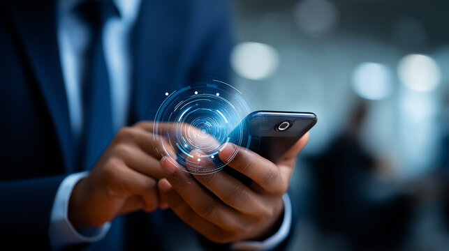 Faceless businessmen using AI agents on smartphone defocused digital automation background data processing interface smart technology solutions business intelligence automation
