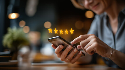 Faceless customer selecting five star rating on mobile device defocused satisfaction level background user experience comparison review interface digital feedback system
