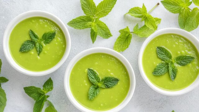 Four cups of refreshing mint-infused vegetable soup. Served on a table with greenery.