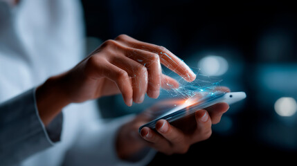 Faceless hand using smartphone with Agentic AI interface defocused data analytics background task management automation futuristic technology dashboard digital business