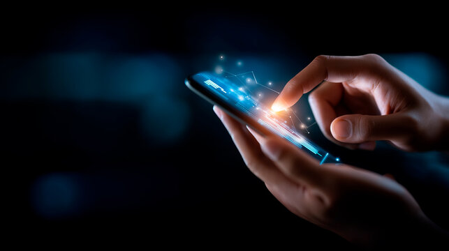 Faceless hand using smartphone with Agentic AI interface defocused data analytics background task management automation futuristic technology dashboard digital business