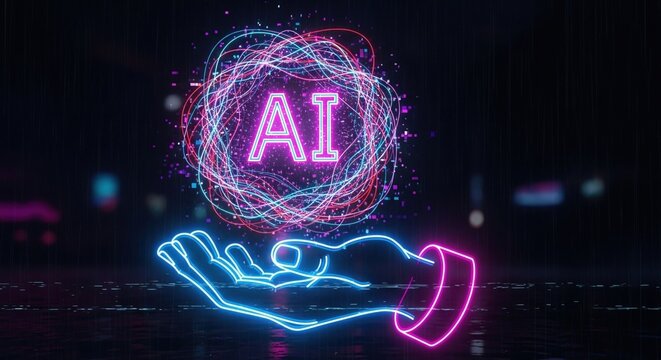 neon light effect of hand holding glowing letter