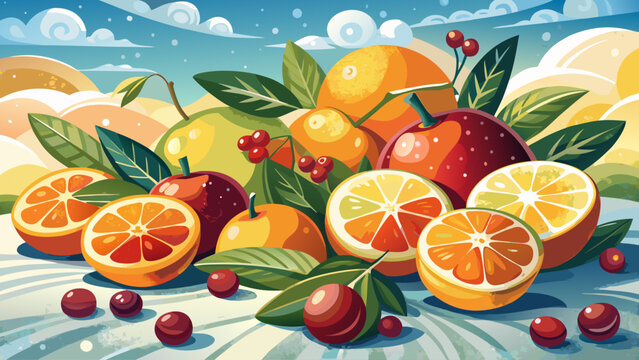 Fresh oranges, lemons, and cranberries arranged in a snowy setting with subtle frost on the surface, evoking a cozy and festive winter mood full of color and life