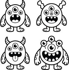 Four outlined cartoon monsters with multiple eyes horns and different mouth expressions are shown