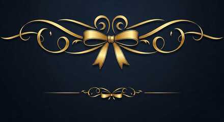 Golden bow and flourish ornamentation on dark background, creating an elegant frame, representing luxury, celebration, or formal announcement free space