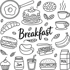 Doodle style breakfast food illustration with pancakes, eggs, and coffee in black and white line art