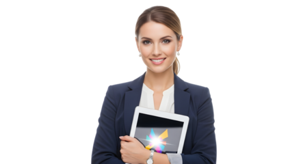 Confident businesswoman with tablet displaying colorful abstract graphic isolated on transparent background