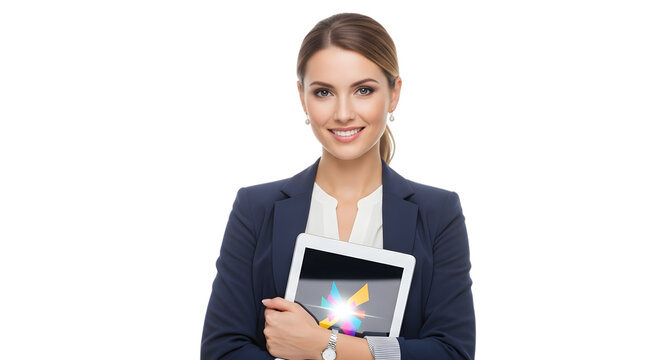 Confident businesswoman with tablet displaying colorful abstract graphic isolated on transparent background