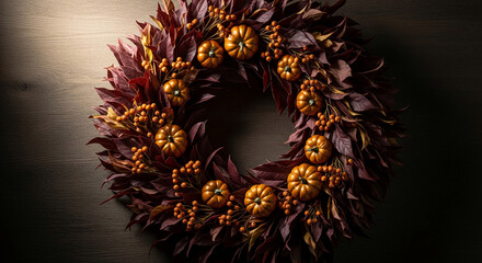 A wreath with red leaf and orange gourd decoration on wooden background, representative of fall and Thanksgiving, seasonal decoration element