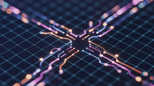 Dark hexagon abstract technology background with blue and pink colored bright flashes under hexagon. Hexagonal gaming abstract tech background. High quality illustration 