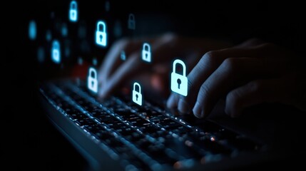 Professional Working on Computer With Holographic Security Icons and Lock Symbols Hovering Above Keyboard in a Modern Office