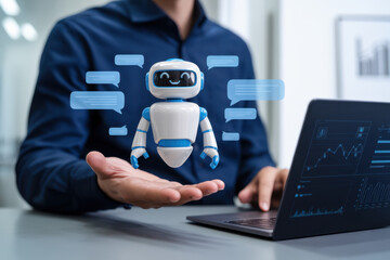 AI content creation tools: Man uses laptop with AI assistant for graphic design, translation, chatbot, image creation, coding, and advertising.
