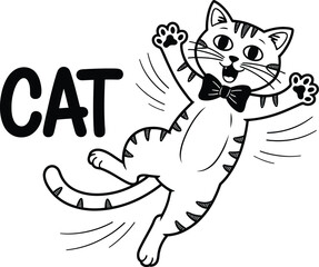 Cartoon cat with bow tie leaping with the word cat beside it in a black and white drawing