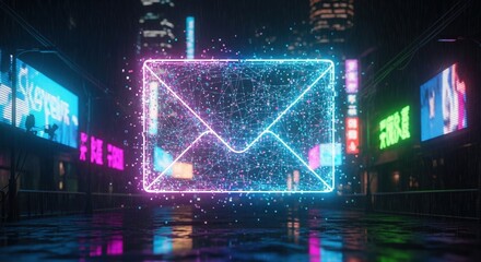 neon envelope with city in the background