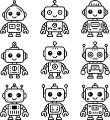 Collection of nine cartoon robots with varying designs and details in a grid pattern on white