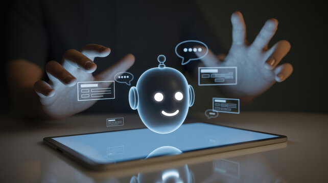 Mature woman uses tablet in office. Senior business woman with gray hair works on digital device. Lady interacts with gadget, browses app in company. Female wearing green jacket looks at screen