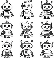 Collection of nine cute cartoon robots in a grid pattern on a white background line art style illustration