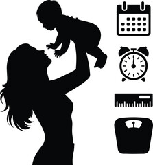 Silhouette of mother holding baby with calendar clock ruler and scale icons displayed