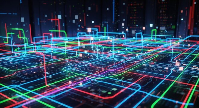 abstract futuristic city with neon lights and lines