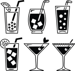 Illustration of six different types of cocktails with ice and straws in a black and white style