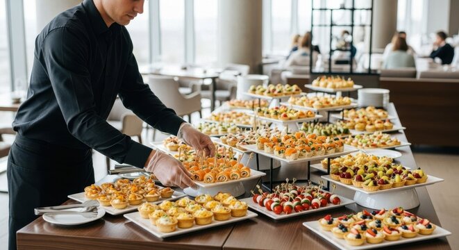 Man waiter serving delicious canape and dessert at a catering event. Buffet table arrangement with food for party or celebration.