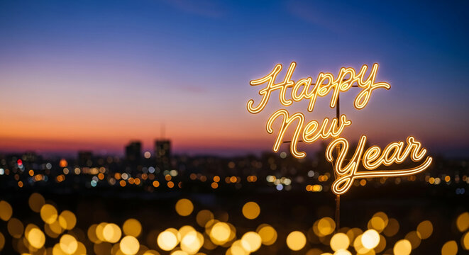 Neon yellow "Happy New Year" sign against a cityscape at dusk with bokeh lights, representing festive celebration and hopeful beginning - Powered by Adobe