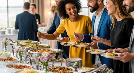 Woman with other guests filling plate at buffet line, enjoying social gathering and event. Catering service for celebration.