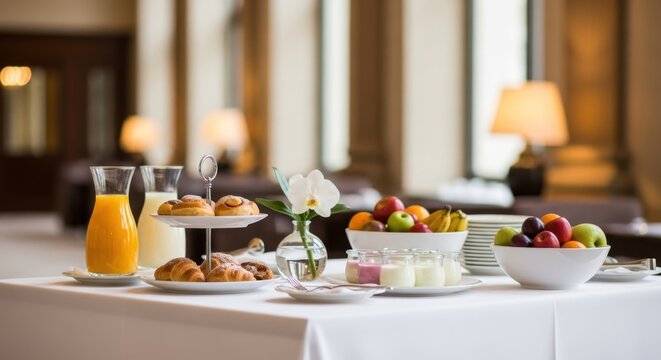 Buffet table with fresh fruit, pastries, and drinks for breakfast service. Hotel or event catering with a healthy and sweet option.