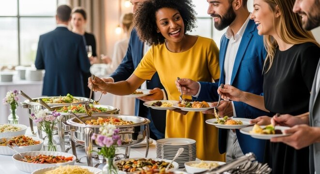 Woman with other guests filling plate at buffet line, enjoying social gathering and event. Catering service for celebration.