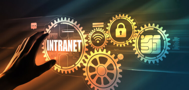 Intranet network security concept with gears and icons representing internal communication data protection and technology infrastructure