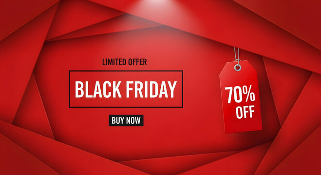 Abstract geometric red background with Black Friday limited time offer announcement and huge 70 percent discount