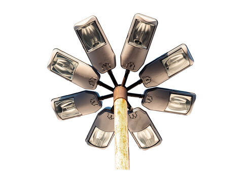 Group of old city street lamps without background. Street lighting of the night city. Electric lighting devices. Insulator without background. Image to paste into template. Image for mockup in png.