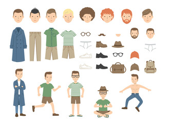 Fototapeta premium A stylish middle-aged male builder or DIY kit, featuring a set of cartoon character body parts, facial expressions, gestures, clothing, and accessories isolated on a white background, rendered as a
