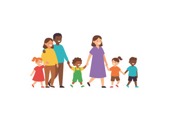 Obraz premium A colorful flat cartoon vector illustration of a diverse group of smiling boys and girls standing together on a white background