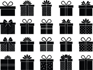 Gift Box Silhouette Vector Set with Different Shapes and Ribbons