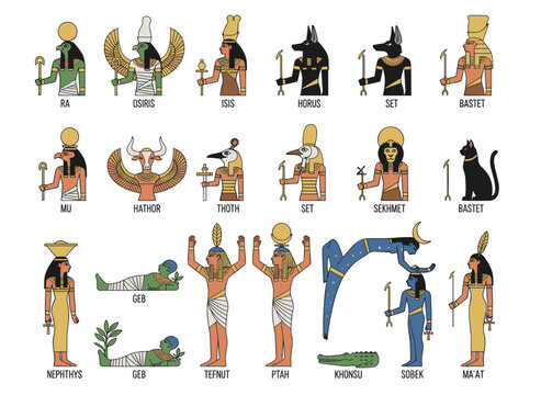 A collection of Egyptian deities, including Osiris, Horus, Ra, Sobek, and Thoth, depicted in a colored flat vector illustration against a white background