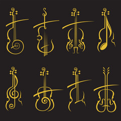 collection with golden illustrations of violin isolated on black background