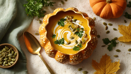 Delicious cream soup served in pumpkin on white grunge background