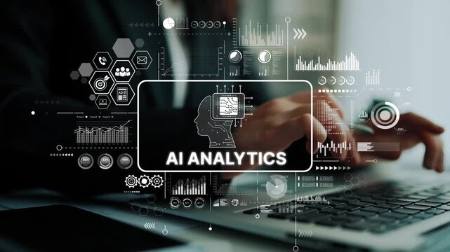 Business professional working on laptop with AI analytics data visualization and modern technology concepts in office environment. Asymptotic smart data analytic.