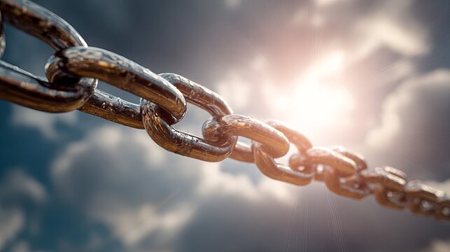 Powerful metallic chain links forged strong against a dramatic sky, symbolizing unbreakable connections and resilience