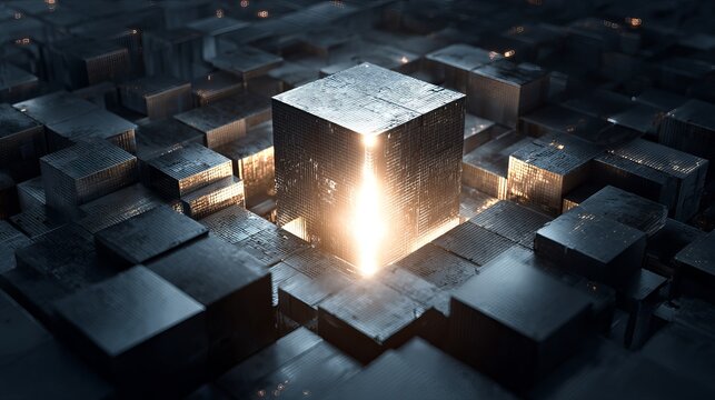 Futuristic glowing cube at the center of dark metallic structures, representing innovation and data processing - Powered by Adobe