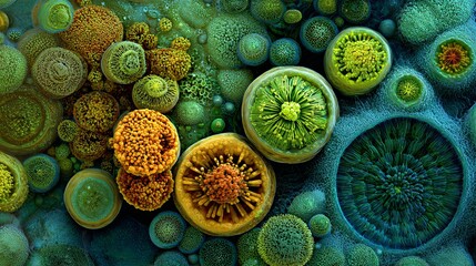 Stunning microscopic view of vibrant organic structures and cellular patterns in vivid green and yellow hues, revealing intricate biological forms.