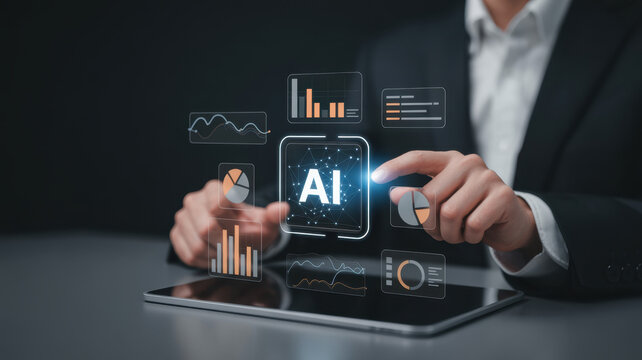 Businessman interacting with AI interface on a tablet showing data analysis and charts for business intelligence applications