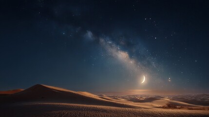Stunning desert landscape bathed in moonlight and starlight, a crescent moon glowing over vast, serene sand dunes under a cosmic sky