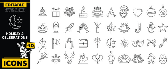 Holiday and celebration Icon set. Collection of editable stroke icons featuring various festive elements and symbols. Vector illustration