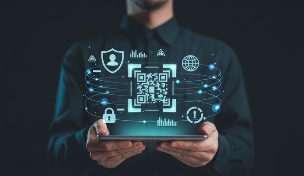 Man holding a tablet with a glowing QR code and security icons representing digital security and data protection on a dark background